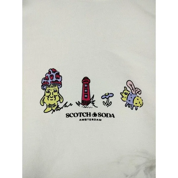 Scotch & Soda Hoodie‎ Mens Medium White Graphic Pullover Fleece Cartoon Thrashed - Picture 8 of 11